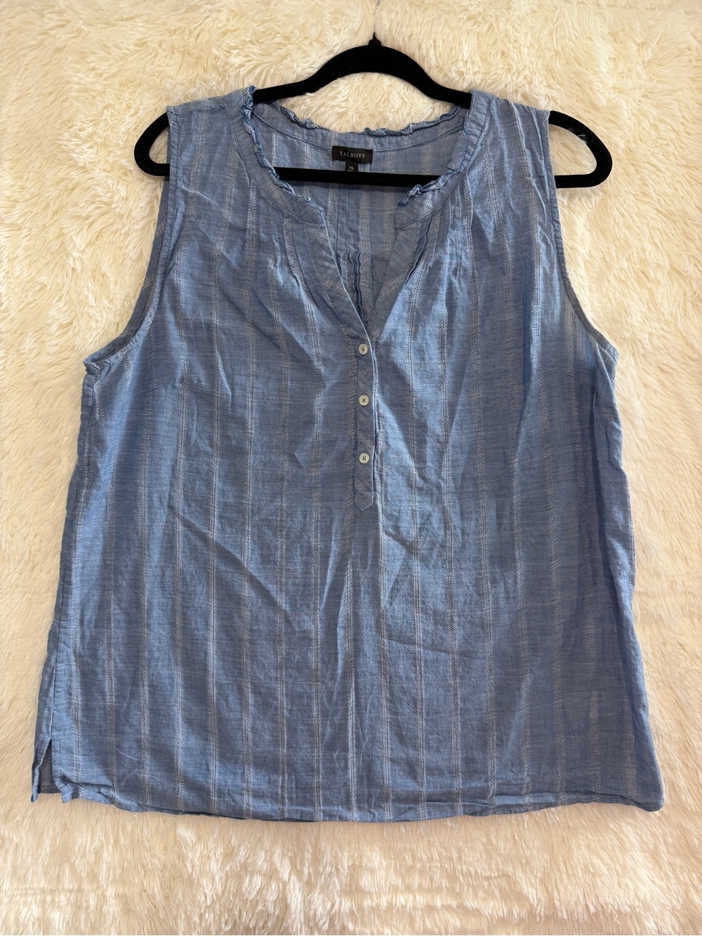 Talbots Womens Sleeveless Stripped Ruffle Trim Shell Tank Top Size XL Blue